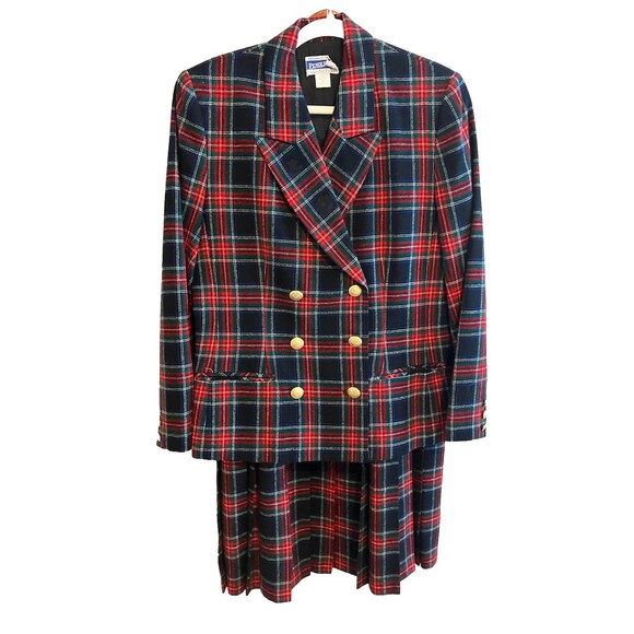 VTG Pendleton Tartan Suit Skirt Double Breasted Blazer Plaid Wool USA Large - Picture 1 of 9